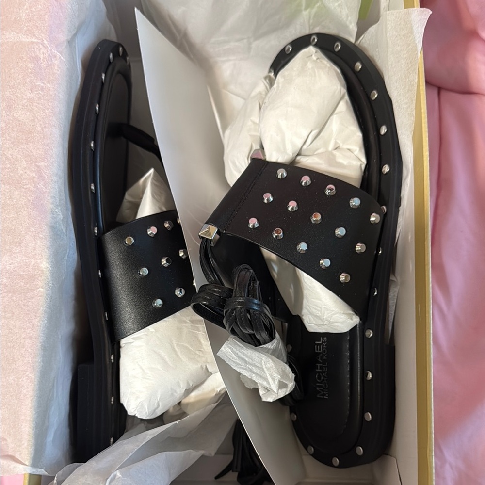 Michael Kors Black Studded Sandals with Quilted Design